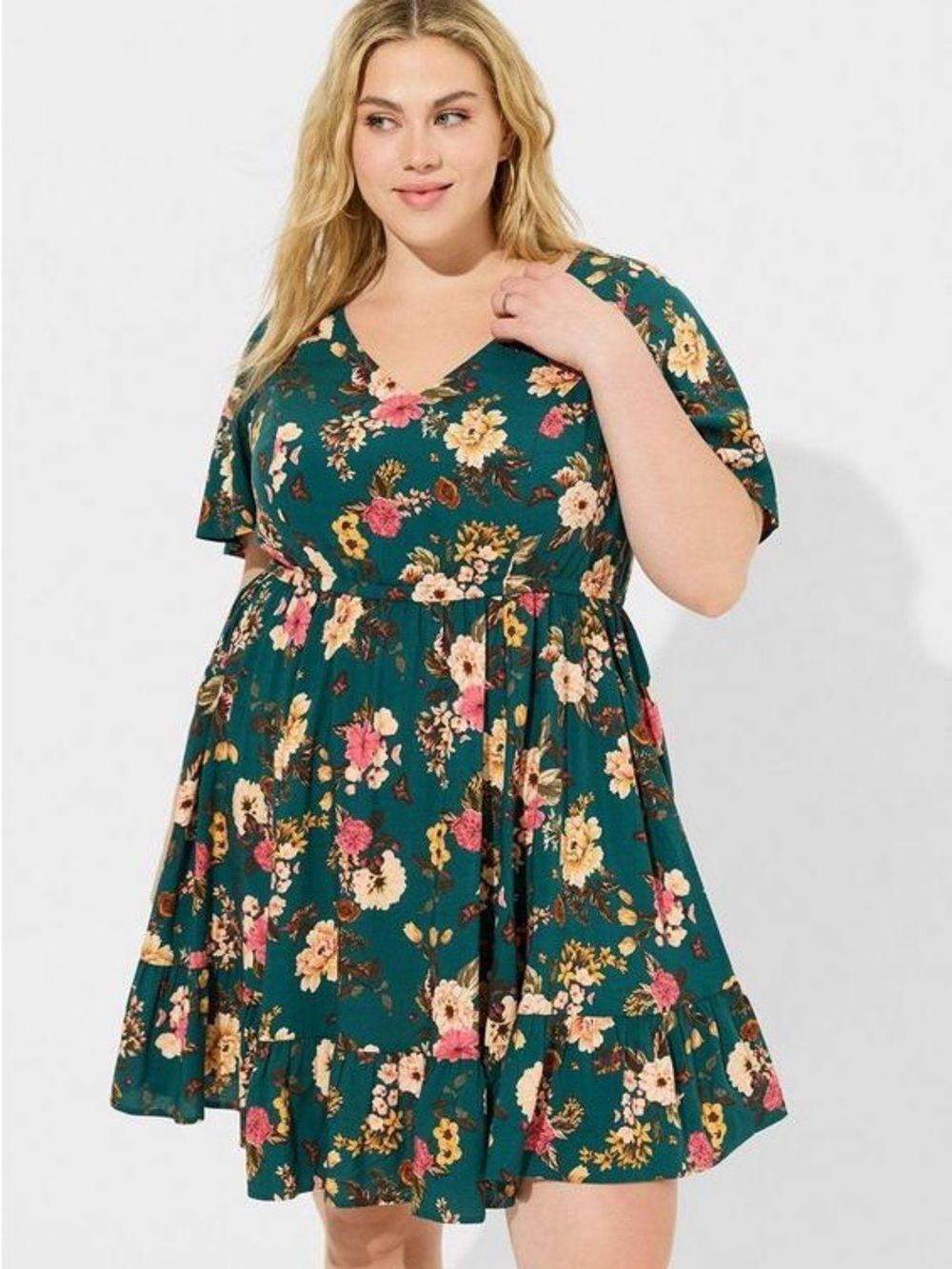 Torrid Teal Floral Challis Flutter Sleeve Lace Up Back Mini Summer Dress